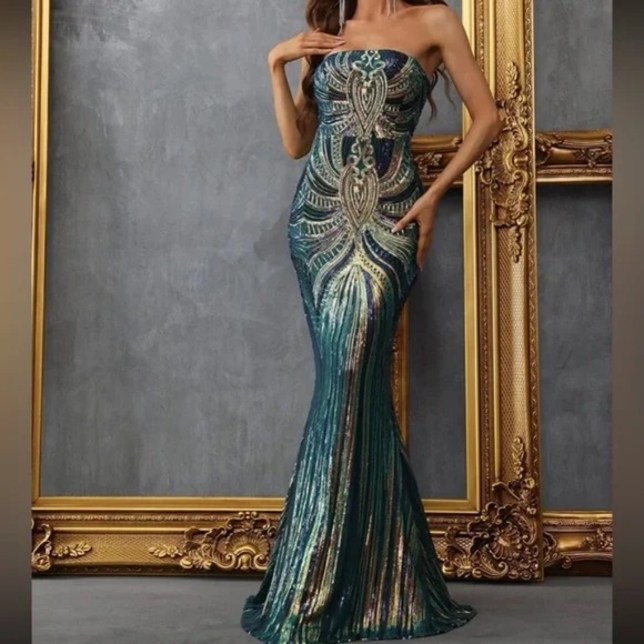 Luxe Sequin Strapless Zipper Formal Evening Party Prom Wedding Dress - Picture 11 of 12